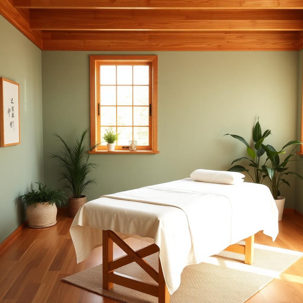 Warm, sunlit massage studio with a wooden table and cream linens